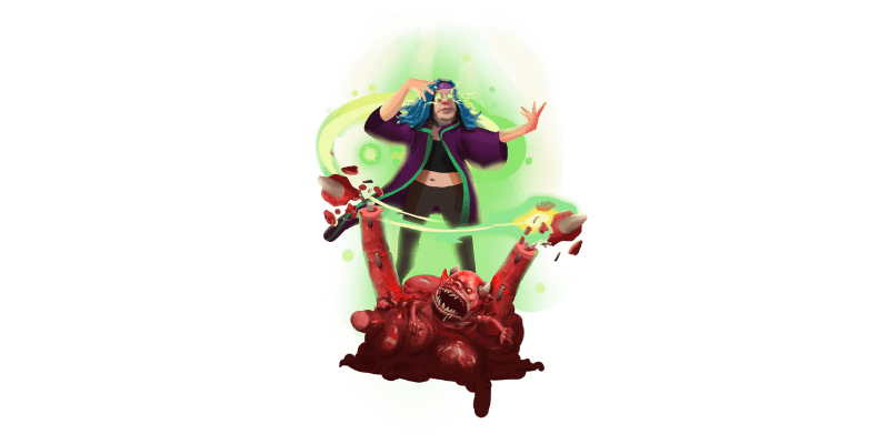 Cosmo is casting a green spell on the red monster.